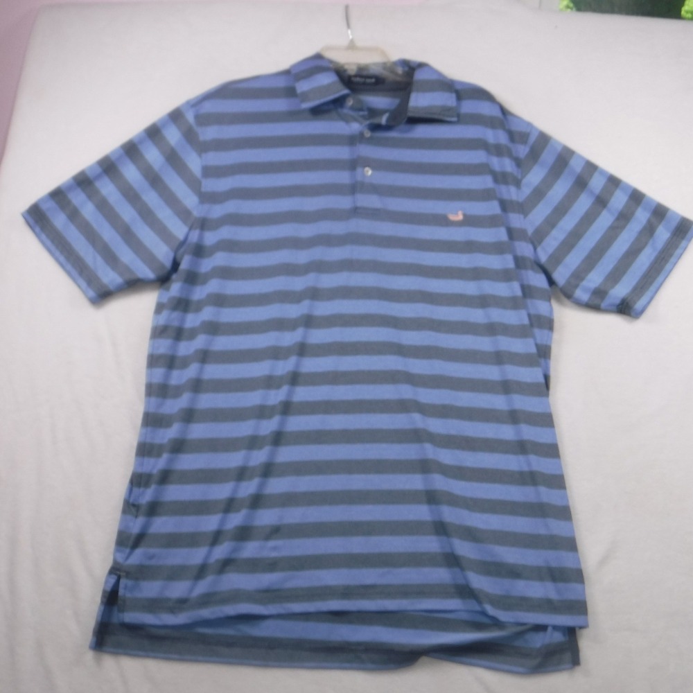 Southern Marsh Mens Large Blue Grey Striped Performance Short Sleeve Polo Shirt